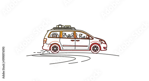 Family Road Trip: People Traveling in a Minivan with Luggage on Roof Rack