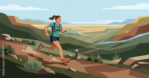 A young woman in fitness gear enjoys an outdoor summer run along a scenic desert road through sand dunes under a clear blue sky