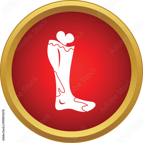 Severed leg with bone sticking out on red background, representing horror and halloween