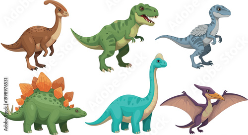Cartoon dinosaurs collection prehistoric animals set vector illustration colorful jurassic creatures for kids education and adventure design