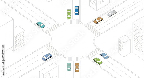 Aerial View of Cars Navigating a Busy City Traffic Circle Intersection.