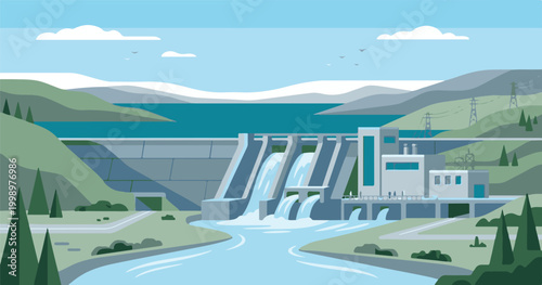 A panoramic summer view of a massive hydroelectric power plant dam on a river nestled between green mountains and a lake under a cloudy sky in the European nature landscape