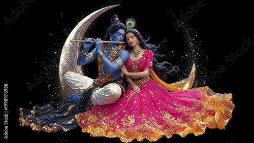 Lord Krishna playing flute with Radha, sitting on a crescent moon against a dark, starry sky, depicting divine love and devotion.
