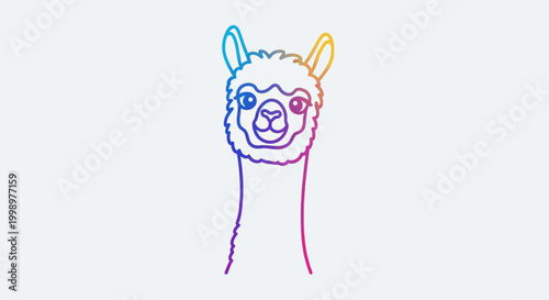 Cute Alpaca Face Outline Drawing with Rainbow Gradient Colors on White Background
