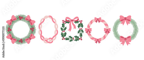 Colorful christmas wreath set with pink ribbons and green pine needles.