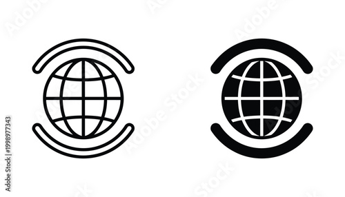 Globe network icon with surrounding arcs outlined and filled for global connection