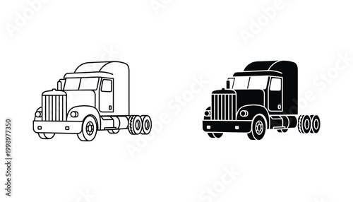 Semi-truck tractor outlined and solid black vector graphic representing freight and logistics