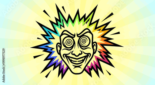 Crazy Man Face Explosion Rainbow Colors Psychedelic Swirl Eyes Manic Smile