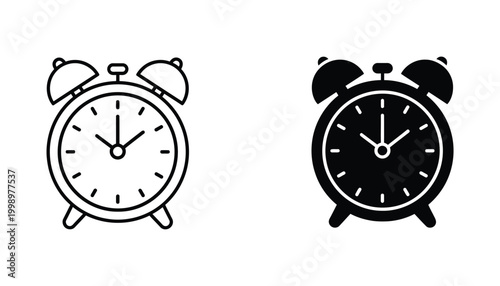 Classic alarm clock outlined and solid black vector icons representing time and punctuality
