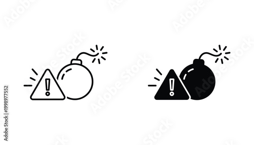 Bomb explosive icon set with warning triangle in black and white vector style for security or safety hazard alerts
