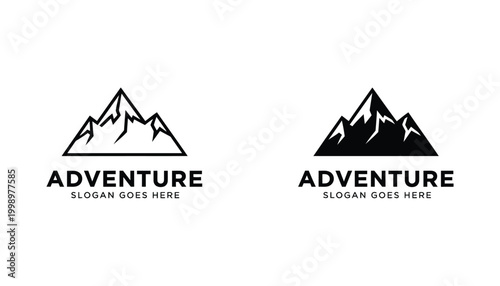 Minimalist mountain peak logo design featuring adventure text and slogan placeholder in black and white vector style for outdoor branding