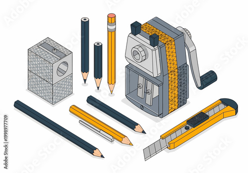 Tableau sur toile Isometric Illustration of Office Stationery Supplies, Manual Pencil Sharpeners,
