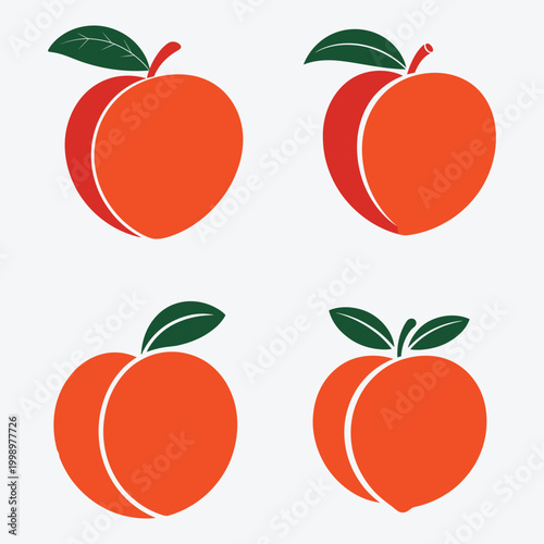 Set of flat stylized peach icons with leaf and stem on white background.