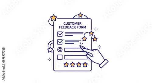 Customer feedback form with stars, hand filling survey, positive review concept