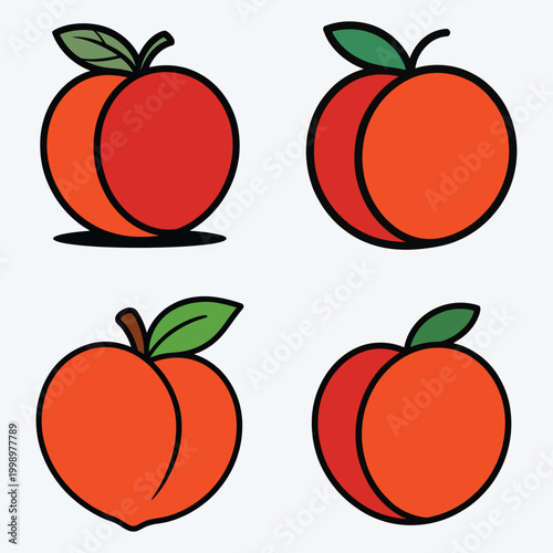 Set of four peach fruit icons in various styles with green leaves and shadows.