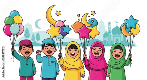 Happy Muslim children holding balloons and stars celebrating Eid al-Fitr or Ramadan vector illustration for greeting cards an
