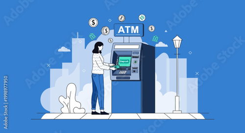 Woman using ATM machine for cash withdrawal in city street with coins falling