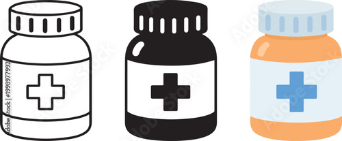 Medicine Bottle Icon Set Vector – Pill Jar Healthcare Flat, Solid and Outline Styles