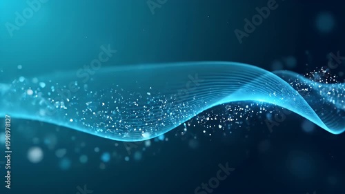 Abstract blue flowing wave of light particles and digital data on a dark background