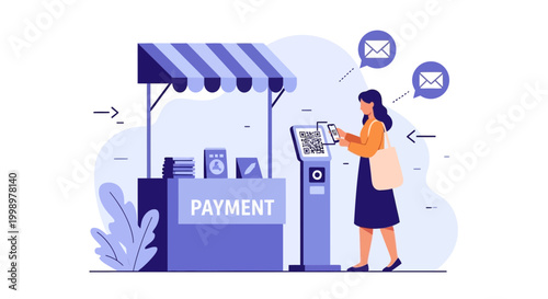 Woman using mobile phone for contactless payment at a payment kiosk