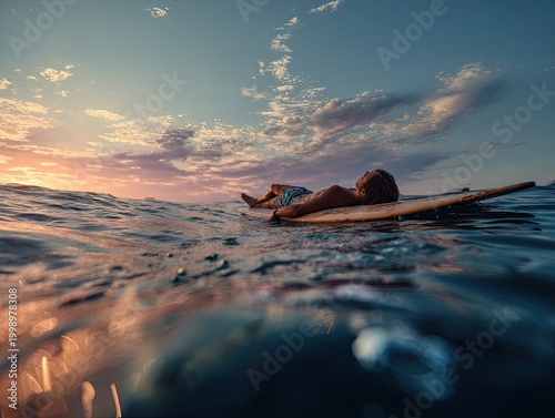 Person surfing on ocean waves sunset.