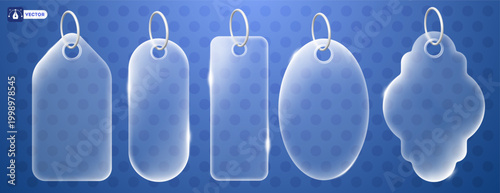 Labels with transparency and glassmorphism effect. Sale event, great offer notification icon. Glassy transparent price tag set. Online shopping with savings concept. Vector illustration