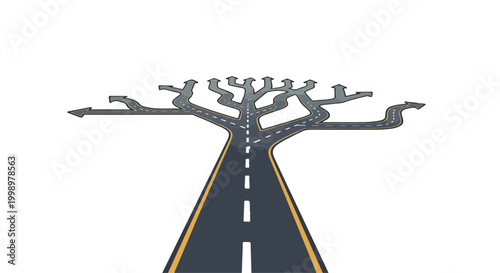 Asphalt road splits into multiple paths like tree branches symbolizing choices and opportunities
