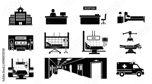 medical facility icons set on transparent background