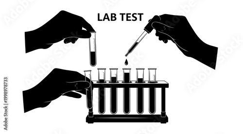lab test with hands holding test tubes and dropper on transparent background