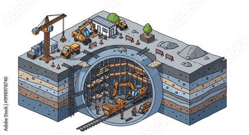Construction Site Tunnel Excavation with Heavy Machinery.