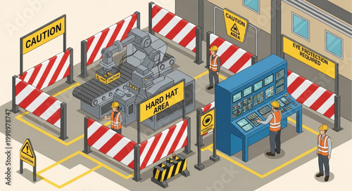 Construction Site Safety Zone with Barriers and Workers.