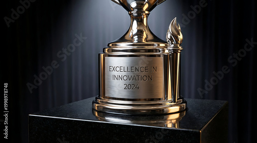 Shiny Chrome Trophy for Excellence in Innovation displayed on a dark surface, representing achievement.