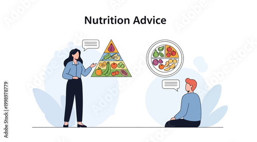 nutrition advice illustration with food pyramid and plate on transparent background