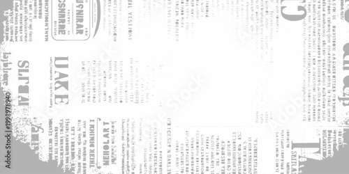 Distressed vintage newspaper grunge texture vector with faded print dark ink smudges dust particles and blank white space for text design.