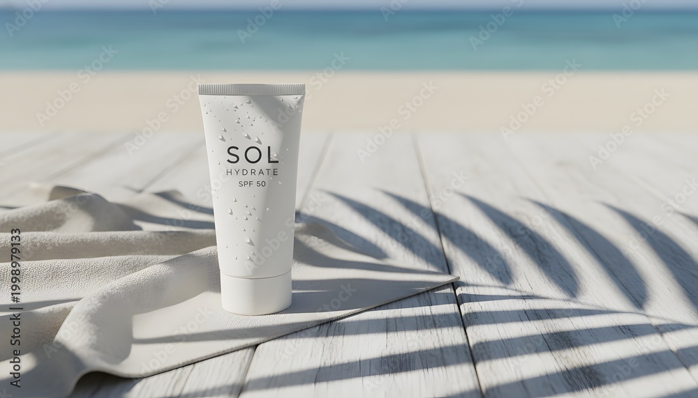 Fototapeta premium Horizontal image of sun protection cosmetic cream tube on a white wooden table at the beach for a summer skincare and UV defense concept