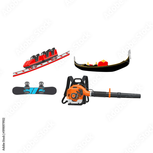 Diverse Vector Illustration Collection Thrill Ride, Gondola, Snowboard, Leaf Blower Set