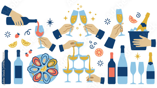 Celebration party elements with champagne glasses and wine bottle set art.