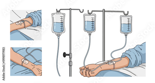 intravenous drip setup with patient arm on transparent background