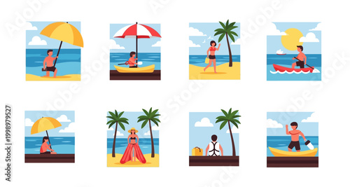 beach scenes with people enjoying summer activities on transparent background