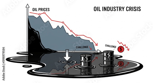 Oil industry crisis depicted with falling oil prices and barrels in spilled oil.