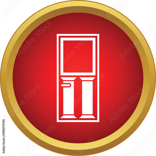 Door icon set in a red circle with a golden border representing entry