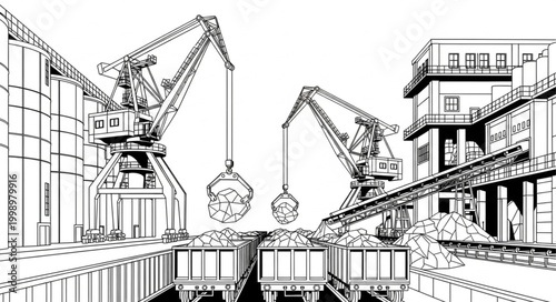 Construction Site with Cranes and Building Frameworks.
