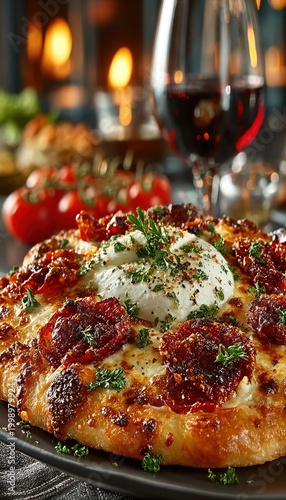 Pizza served in upscale fine dining restaurant, elegant presentation with wine