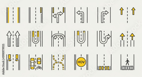 Collection of Road Lane Markings and Traffic Signs Icons.