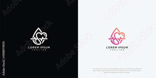 Medical Logo Heart and EKG Pulse within a Blood Drop