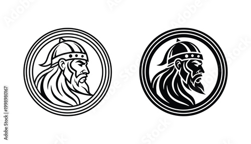 Viking warrior head profile inside circular frame vector emblem for sports team or historical branding