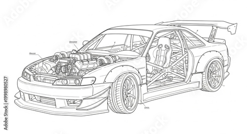Detailed technical drawing of a sports car with internal components visible.