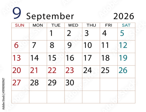 2026年カレンダー　9月