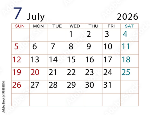 2026年カレンダー　7月