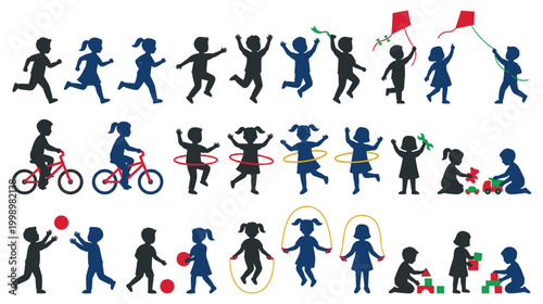 Kids playing silhouette icons set active children doing various activities.